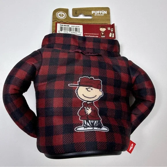 Puffin Can Cooler Peanuts Charlie Brown The Feller Brick Red Flannel Koozie NWT - Picture 2 of 4